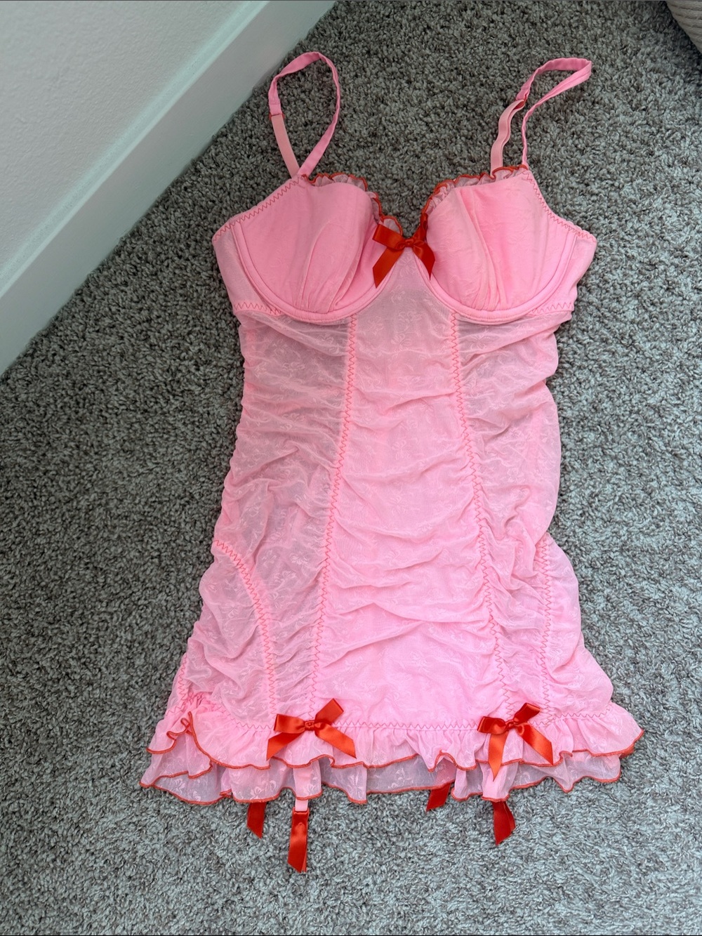 Victoria's Secret Pink Lace Chemise with Red Bow Trim